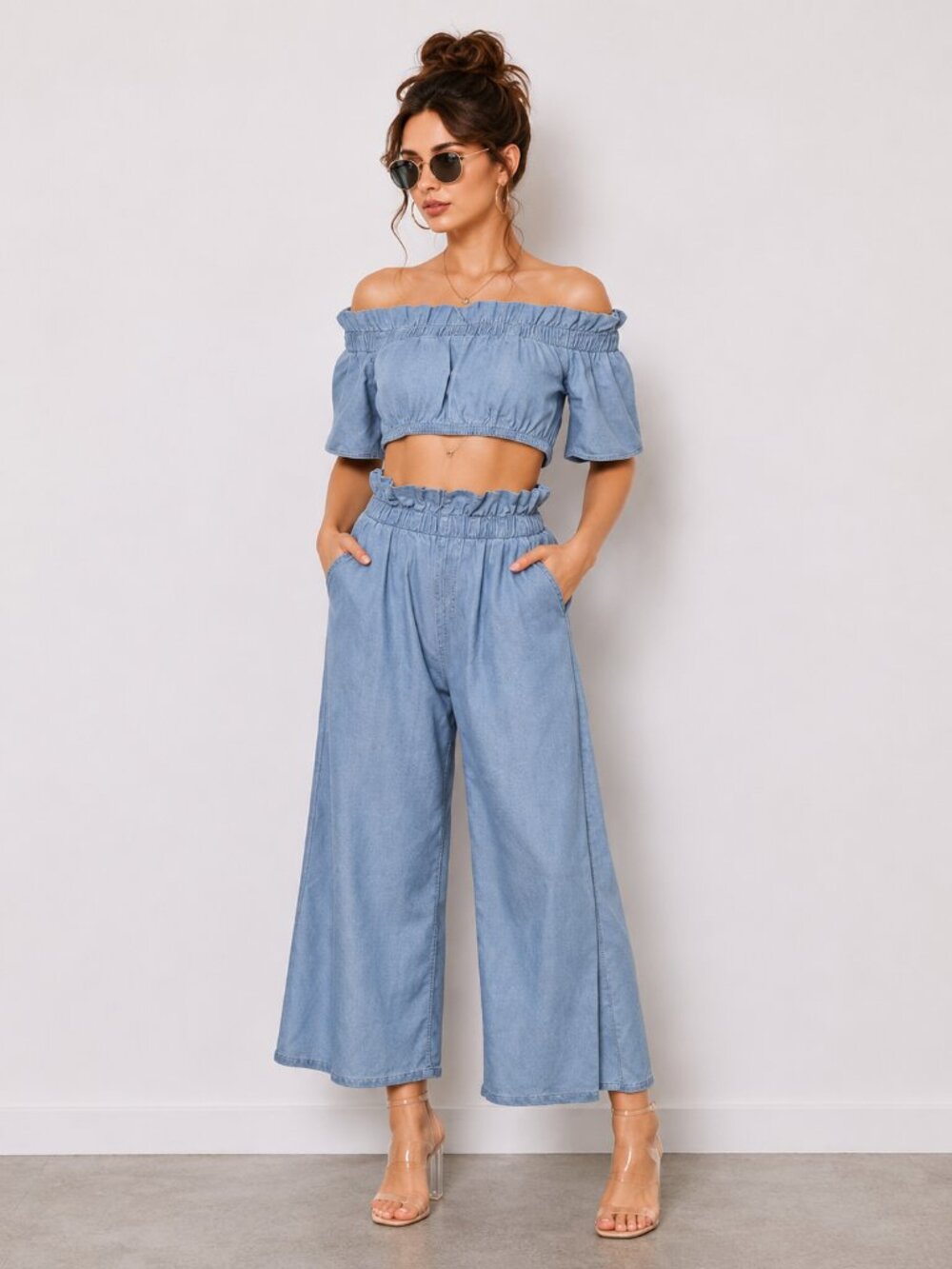 Chambray Denim Two Piece Culotte Pants Set Off Shoulder NWT